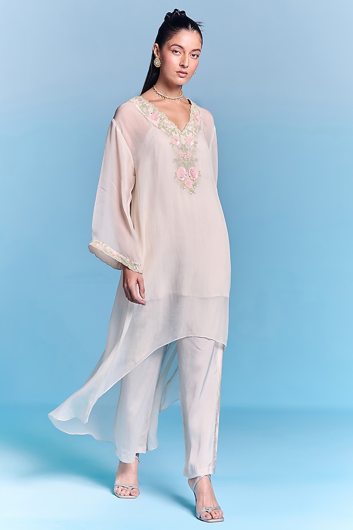 Off-White Organza Floral Embroidered Kaftan Set by Kalista at Pernia's Pop Up Shop