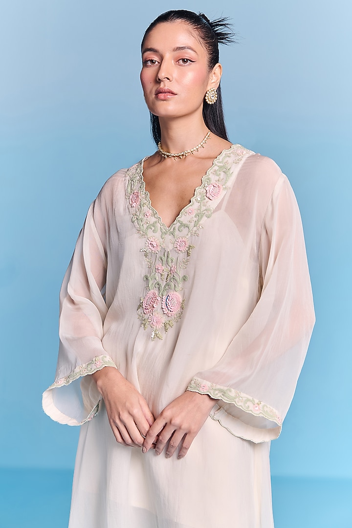 Off-White Organza Floral Embroidered Kaftan Set by Kalista at Pernia's Pop Up Shop