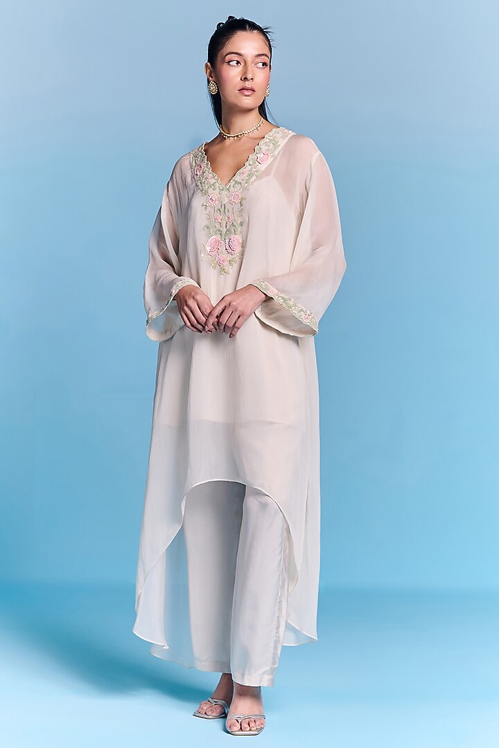 Off-White Organza Floral Embroidered Kaftan Set by Kalista at Pernia's Pop Up Shop