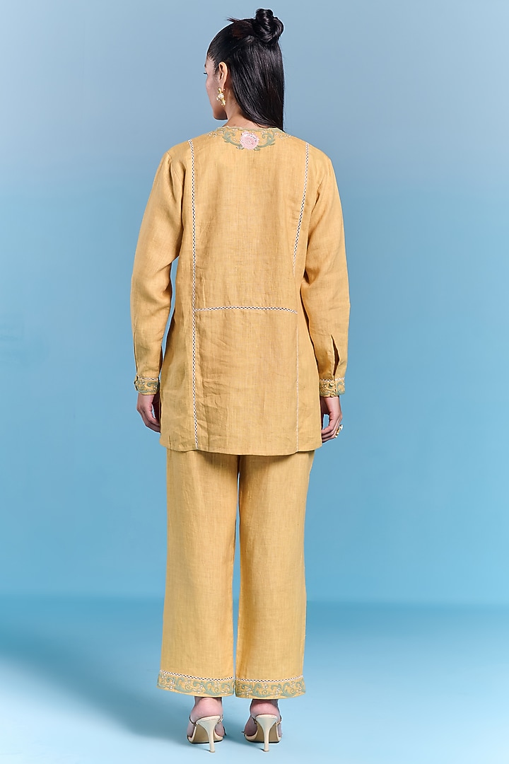 Amber Yellow Cotton Linen Floral Embroidered Co-Ord Set by Kalista at Pernia's Pop Up Shop