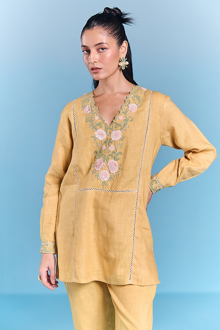 Amber Yellow Cotton Linen Floral Embroidered Co-Ord Set by Kalista at Pernia's Pop Up Shop