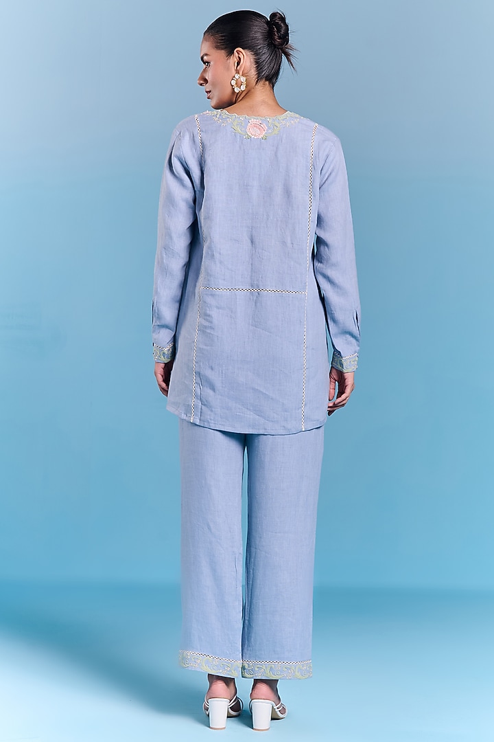 Powder Blue Cotton Linen Floral Embroidered Co-Ord Set by Kalista at Pernia's Pop Up Shop