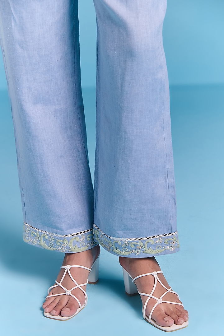 Powder Blue Cotton Linen Floral Embroidered Co-Ord Set by Kalista at Pernia's Pop Up Shop