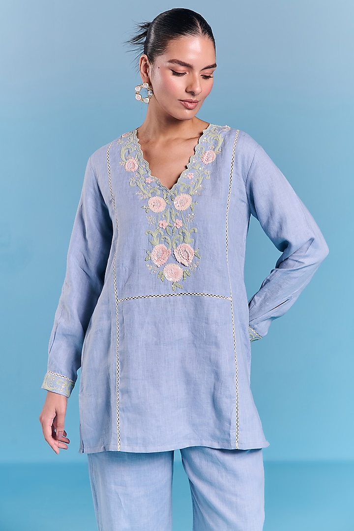 Powder Blue Cotton Linen Floral Embroidered Co-Ord Set by Kalista at Pernia's Pop Up Shop