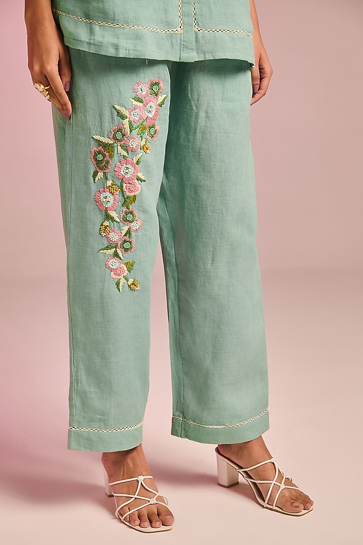 Seafoam Green Cotton Linen Sequins Embroidered Co-Ord Set by Kalista at Pernia's Pop Up Shop
