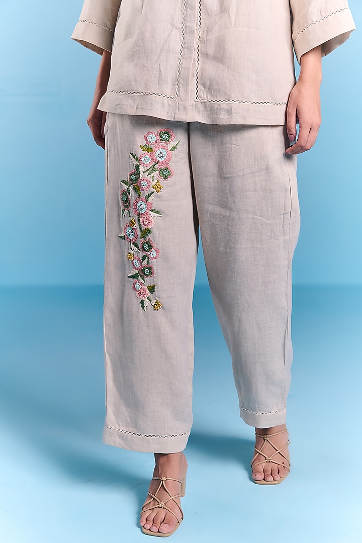 Beige Cotton Linen Sequins Embroidered Co-Ord Set by Kalista at Pernia's Pop Up Shop
