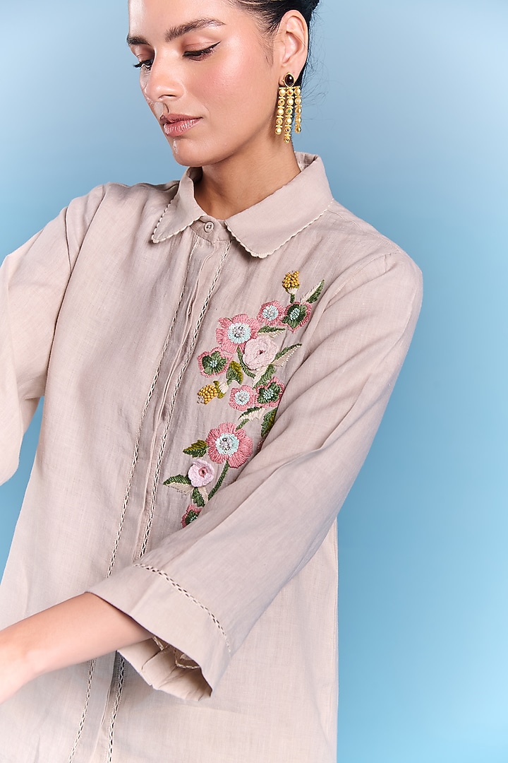 Beige Cotton Linen Sequins Embroidered Co-Ord Set by Kalista at Pernia's Pop Up Shop