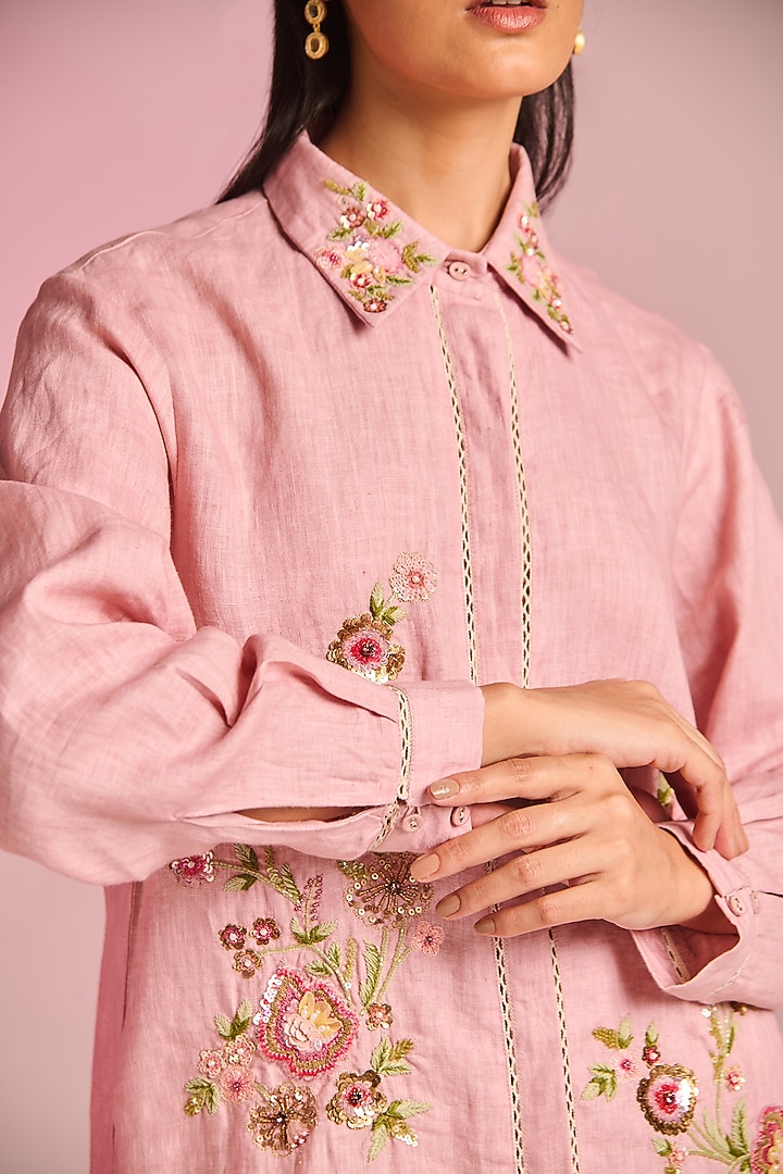 Blush Pink Cotton Linen Floral Embroidered Co-Ord Set by Kalista at Pernia's Pop Up Shop