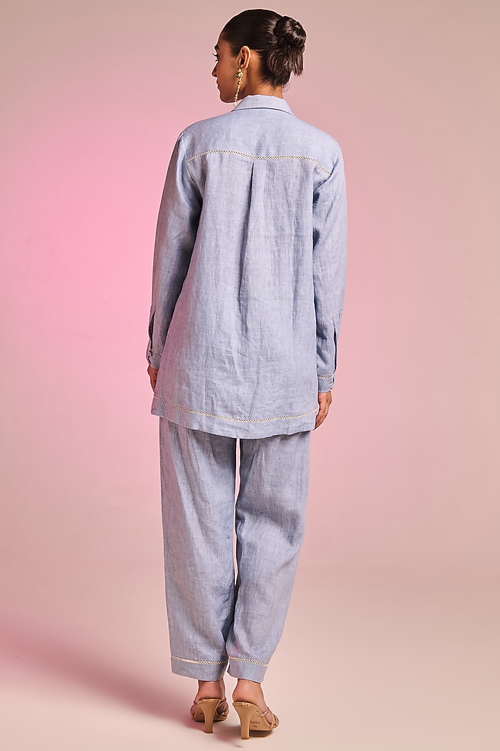 Powder Blue Cotton Linen Floral Embroidered Co-Ord Set by Kalista at Pernia's Pop Up Shop