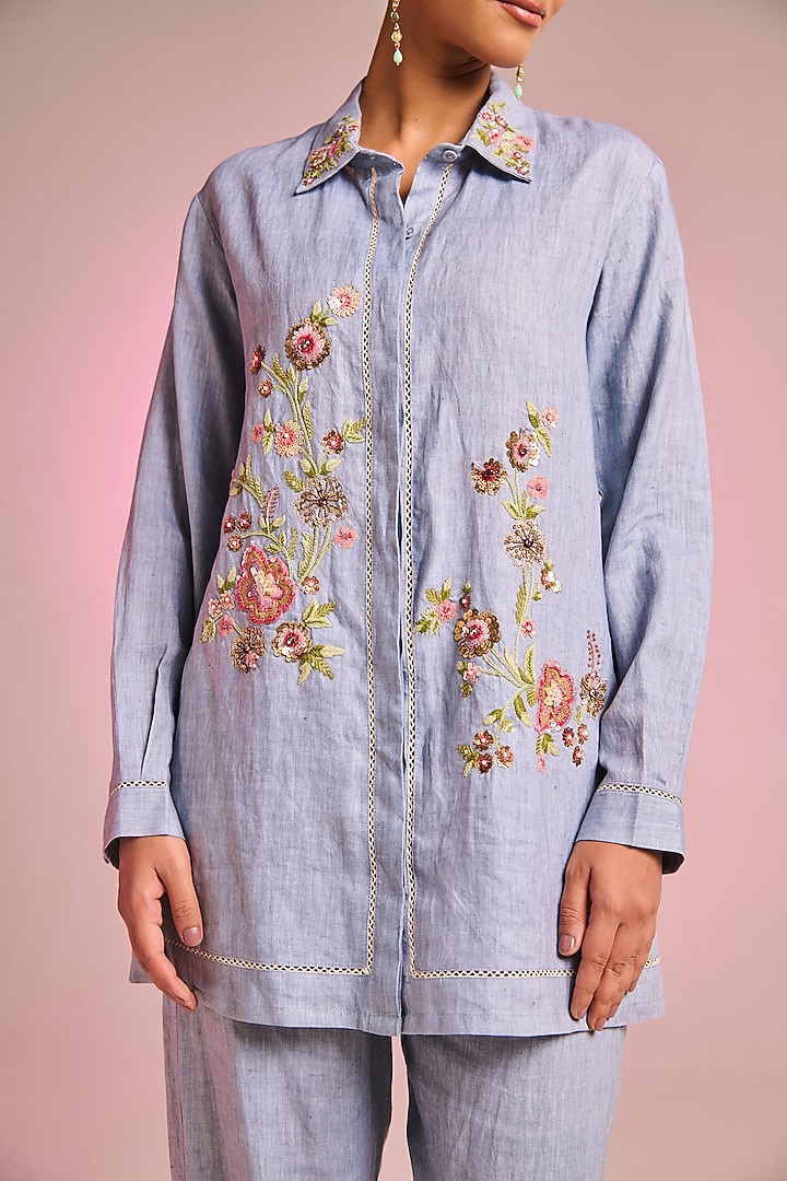 Powder Blue Cotton Linen Floral Embroidered Co-Ord Set by Kalista at Pernia's Pop Up Shop