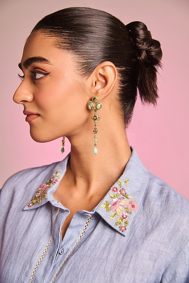 Powder Blue Cotton Linen Floral Embroidered Co-Ord Set by Kalista at Pernia's Pop Up Shop