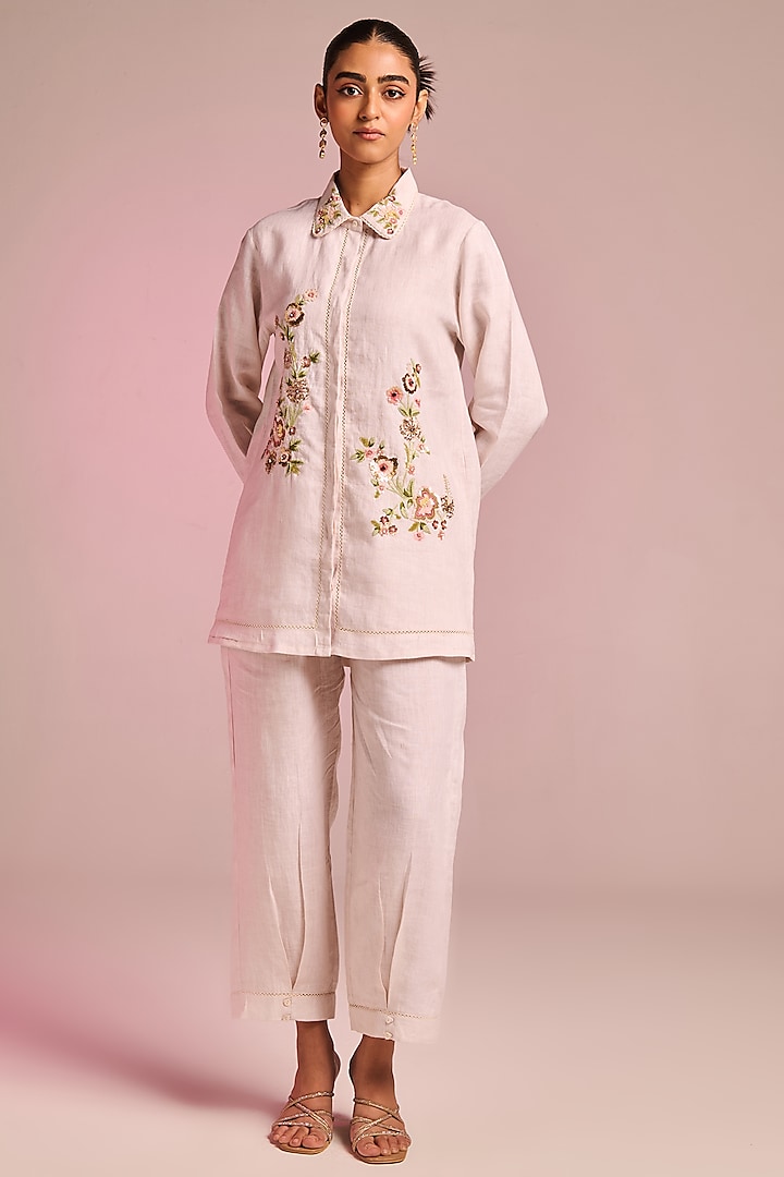 Off-White Cotton Linen Floral Embroidered Co-Ord Set by Kalista at Pernia's Pop Up Shop