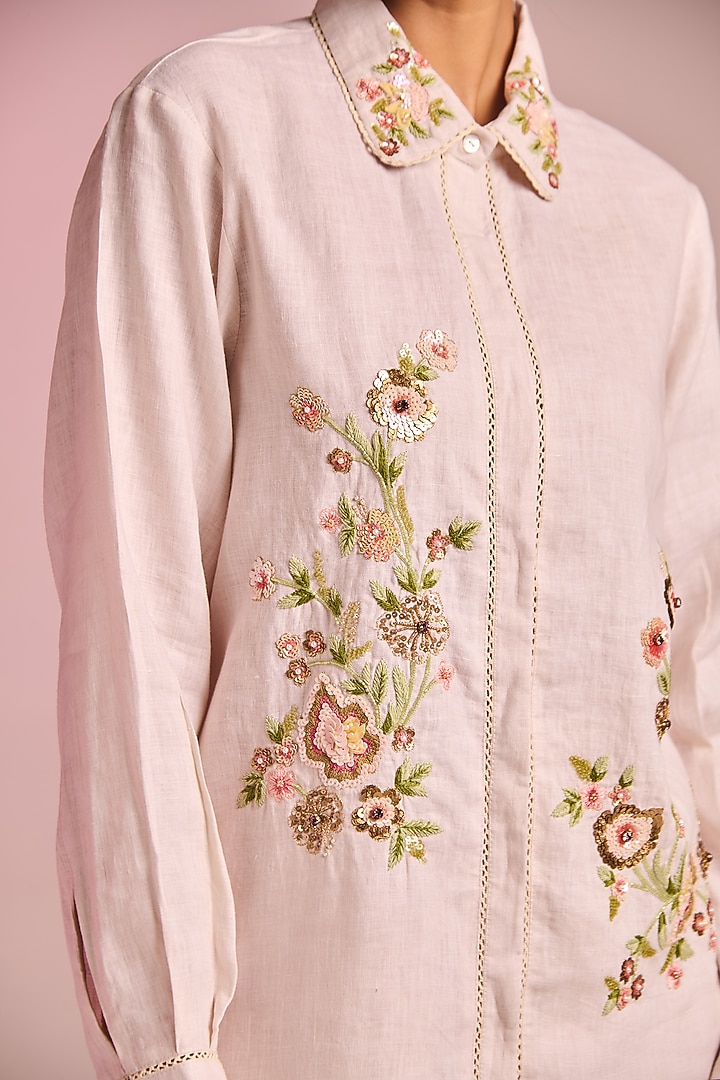 Off-White Cotton Linen Floral Embroidered Co-Ord Set by Kalista at Pernia's Pop Up Shop