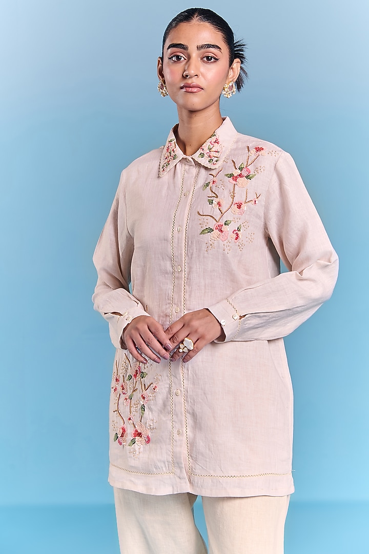 Off-White Cotton Linen Floral Embroidered Co-Ord Set by Kalista at Pernia's Pop Up Shop