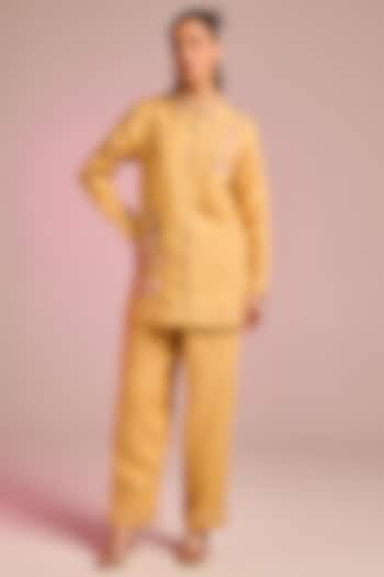 Mustard Yellow Cotton Linen Floral Embroidered Co-Ord Set by Kalista at Pernia's Pop Up Shop