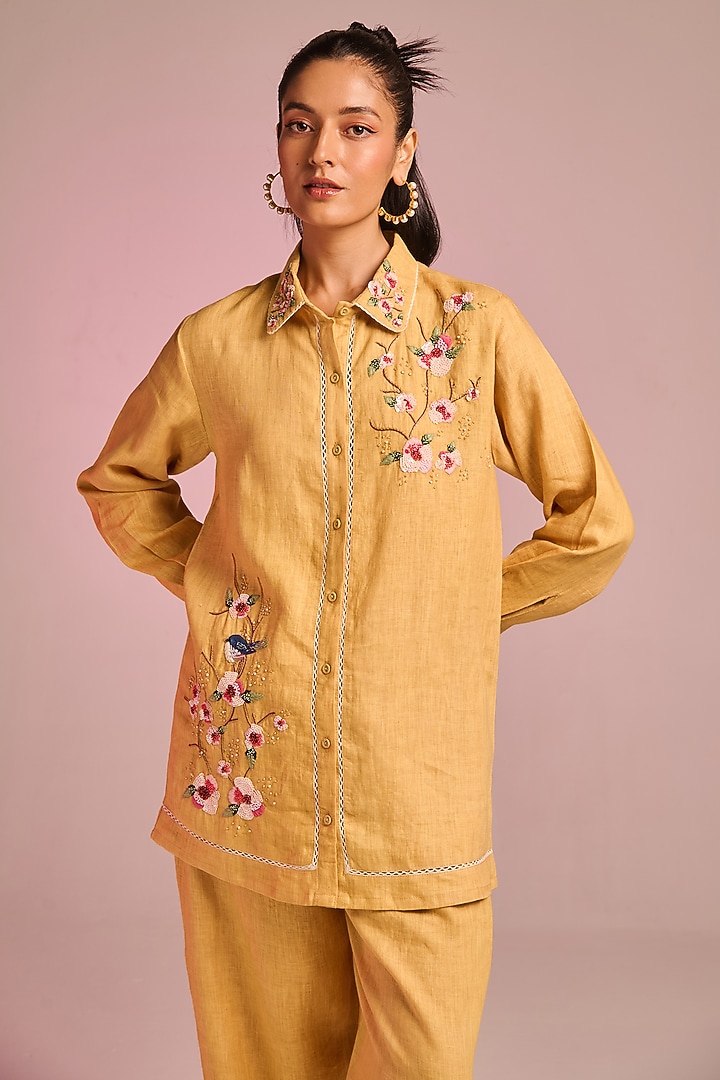 Mustard Yellow Cotton Linen Floral Embroidered Co-Ord Set by Kalista at Pernia's Pop Up Shop