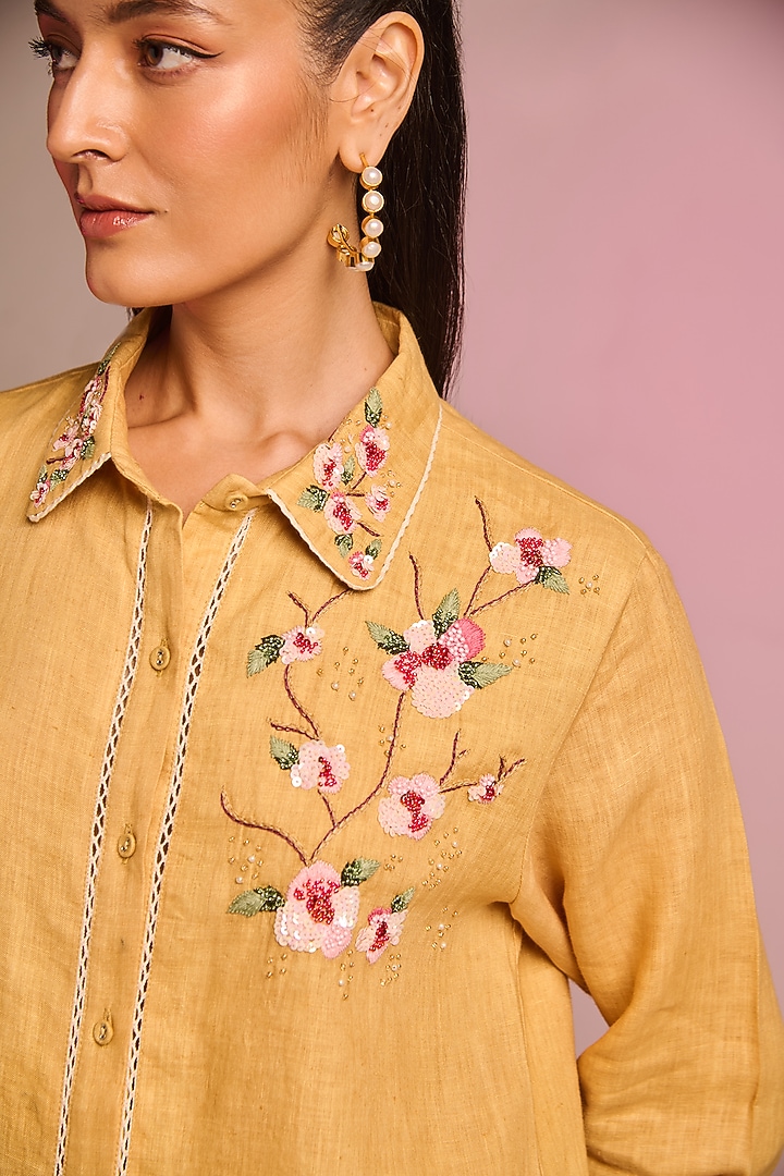 Mustard Yellow Cotton Linen Floral Embroidered Co-Ord Set by Kalista at Pernia's Pop Up Shop