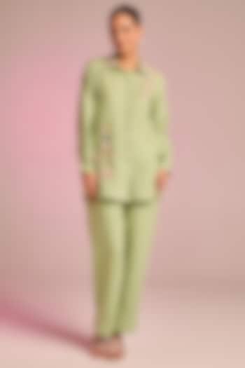 Mint Green Cotton Linen Floral Embroidered Co-Ord Set by Kalista at Pernia's Pop Up Shop