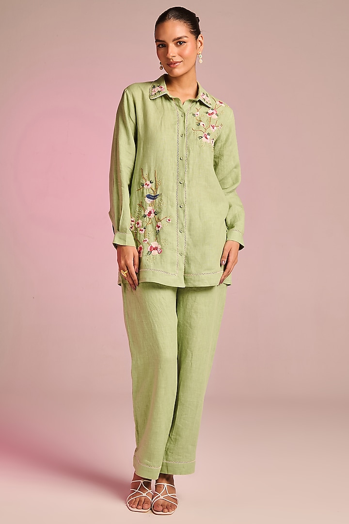 Mint Green Cotton Linen Floral Embroidered Co-Ord Set by Kalista at Pernia's Pop Up Shop