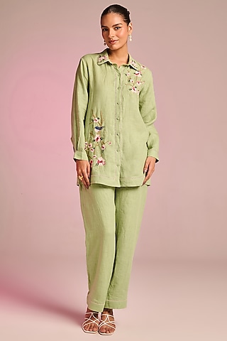 Mint Green Cotton Linen Floral Embroidered Co-Ord Set by Kalista
