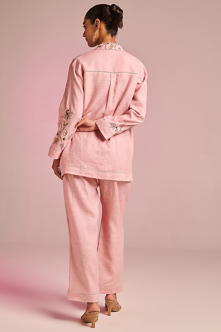 Powder Pink Cotton Linen Floral Embroidered Co-Ord Set by Kalista at Pernia's Pop Up Shop