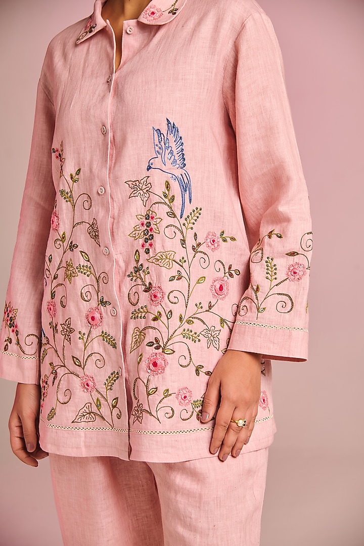 Powder Pink Cotton Linen Floral Embroidered Co-Ord Set by Kalista at Pernia's Pop Up Shop