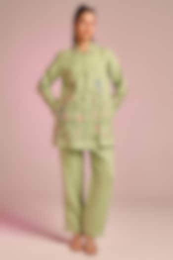 Mint Green Cotton Linen Floral Embroidered Co-Ord Set by Kalista at Pernia's Pop Up Shop