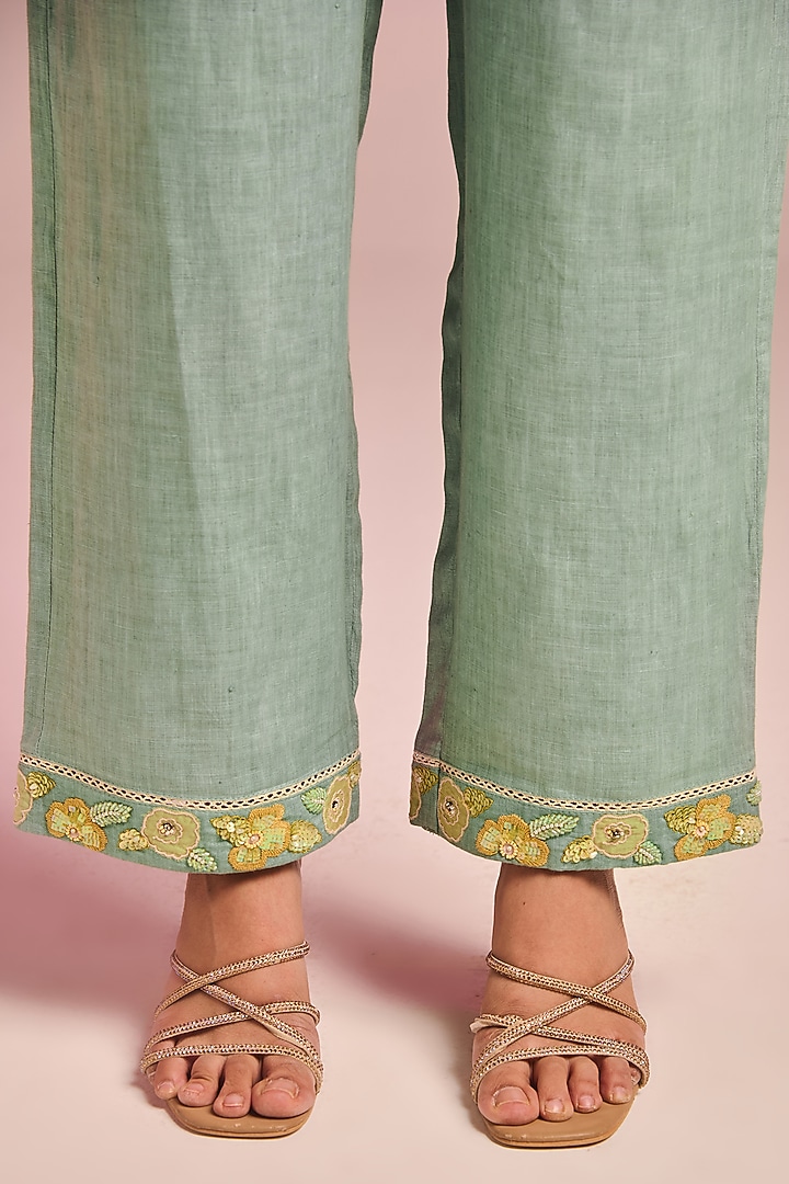 Sea Blue Cotton Linen Floral Embroidered Co-Ord Set by Kalista at Pernia's Pop Up Shop