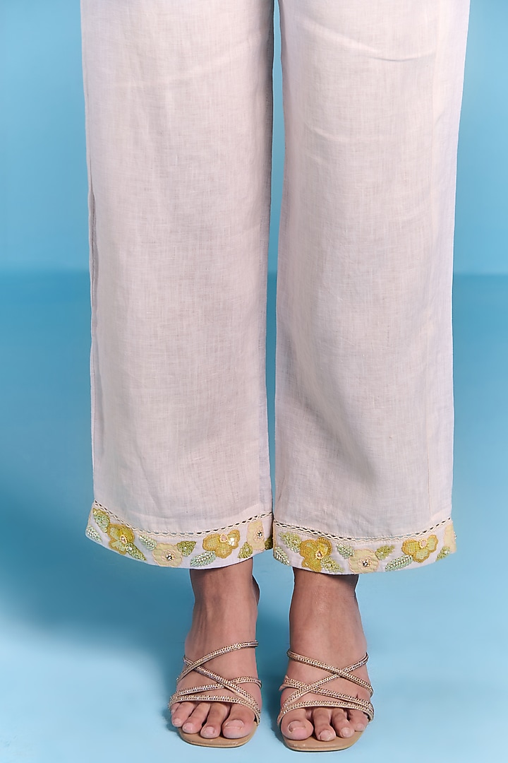 Off-White Cotton Linen Floral Embroidered Co-Ord Set by Kalista at Pernia's Pop Up Shop