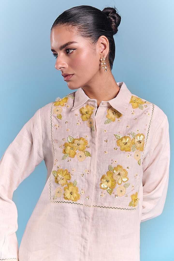 Off-White Cotton Linen Floral Embroidered Co-Ord Set by Kalista at Pernia's Pop Up Shop