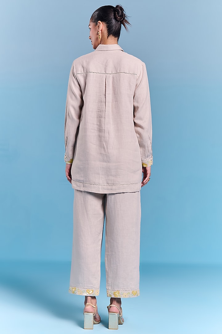 Beige Cotton Linen Floral Embroidered Co-Ord Set by Kalista at Pernia's Pop Up Shop