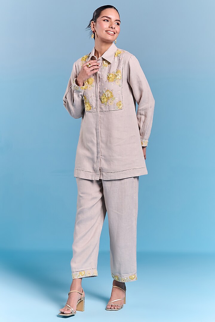 Beige Cotton Linen Floral Embroidered Co-Ord Set by Kalista at Pernia's Pop Up Shop