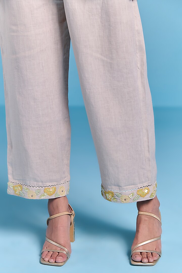 Beige Cotton Linen Floral Embroidered Co-Ord Set by Kalista at Pernia's Pop Up Shop