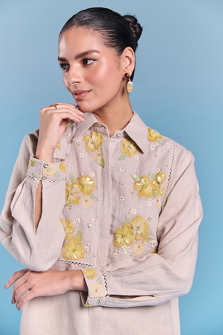 Beige Cotton Linen Floral Embroidered Co-Ord Set by Kalista at Pernia's Pop Up Shop