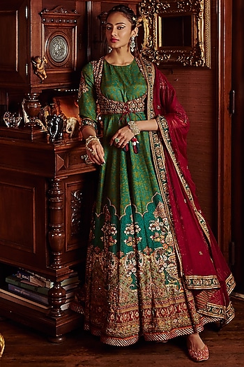 Green Floral Printed Wedding Anarkali Set by Kalista at Pernia's Pop Up Shop