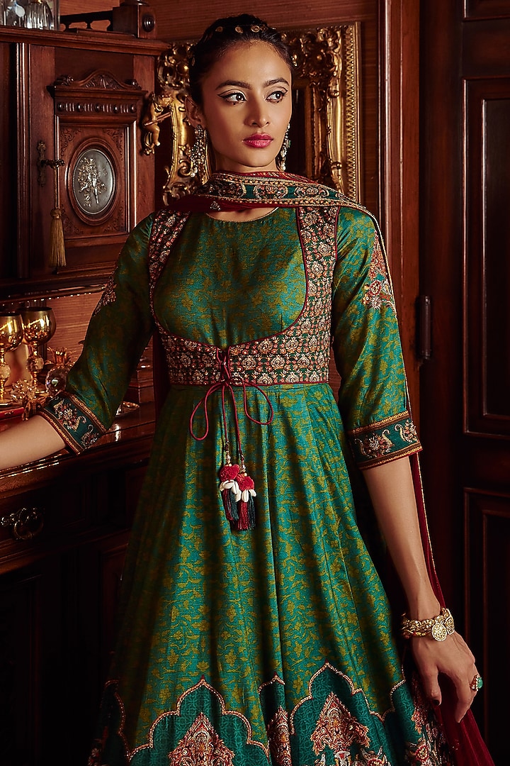 Green Floral Printed Wedding Anarkali Set by Kalista at Pernia's Pop Up Shop