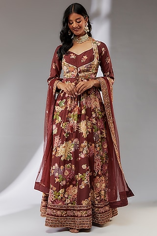 Maroon Viscose Georgette Hand Painted Anarkali Set by Kalista