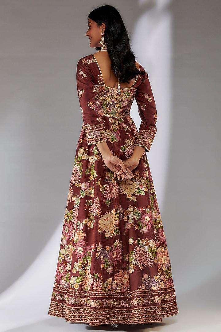 Maroon Viscose Georgette Hand Painted Wedding Anarkali Set by Kalista at Pernia's Pop Up Shop