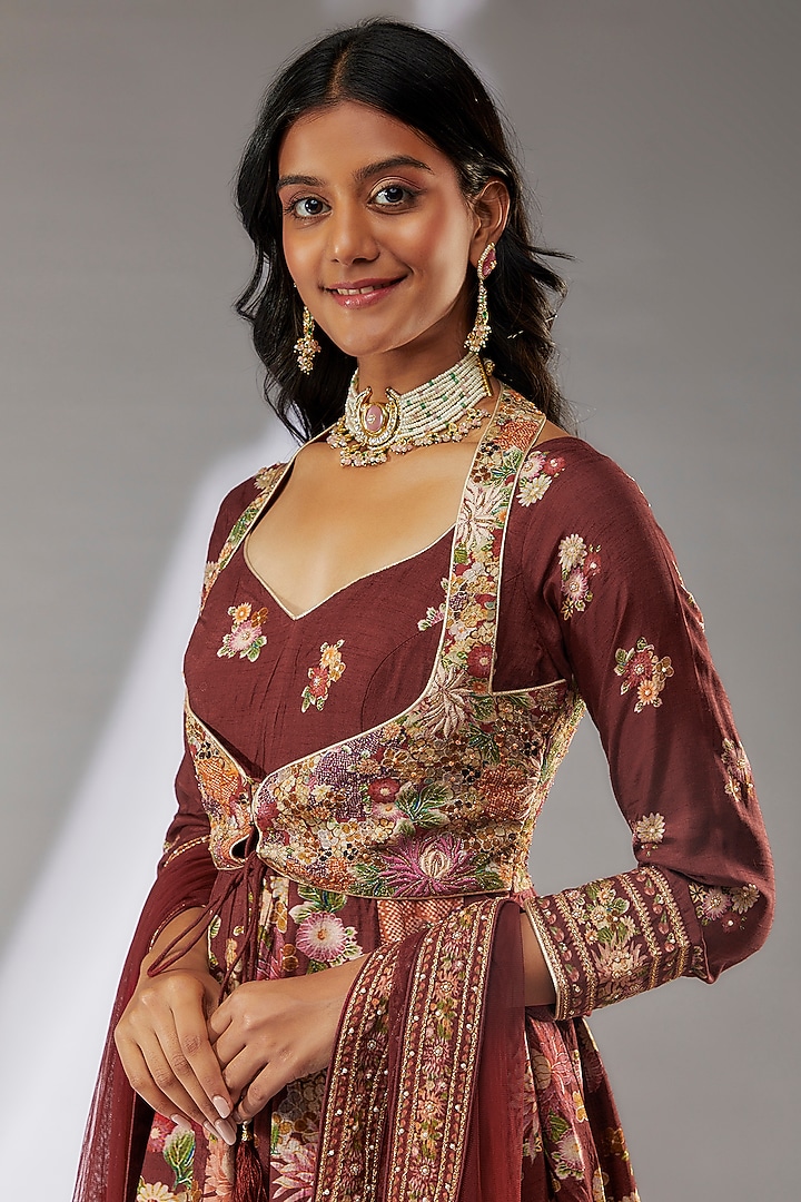 Maroon Viscose Georgette Hand Painted Wedding Anarkali Set by Kalista at Pernia's Pop Up Shop