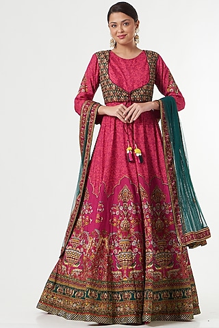 Red Floral Printed Anarkali Set by Kalista
