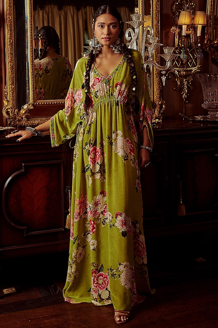 Lime Green Printed Kaftan by Kalista at Pernia's Pop Up Shop