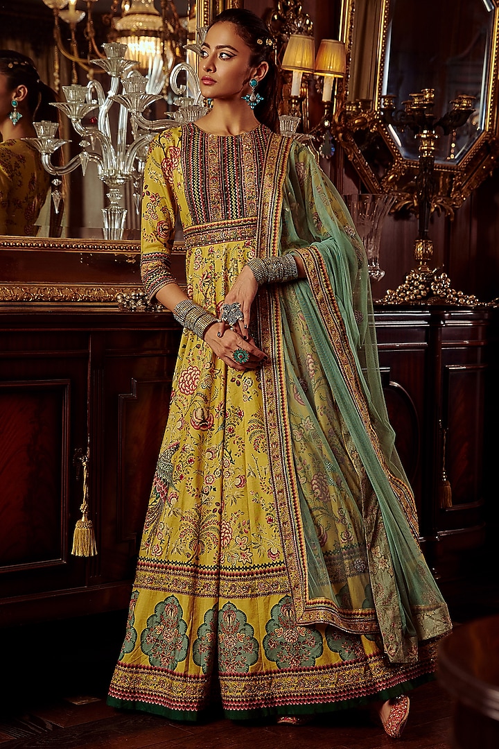 Yellow Embroidered Anarkali Set by Kalista