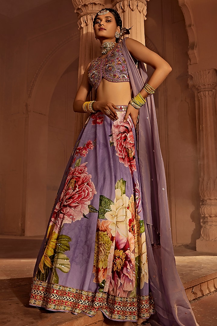 Lilac Raw Silk Hand Embroidered Wedding Lehenga Set by Kalista at Pernia's Pop Up Shop