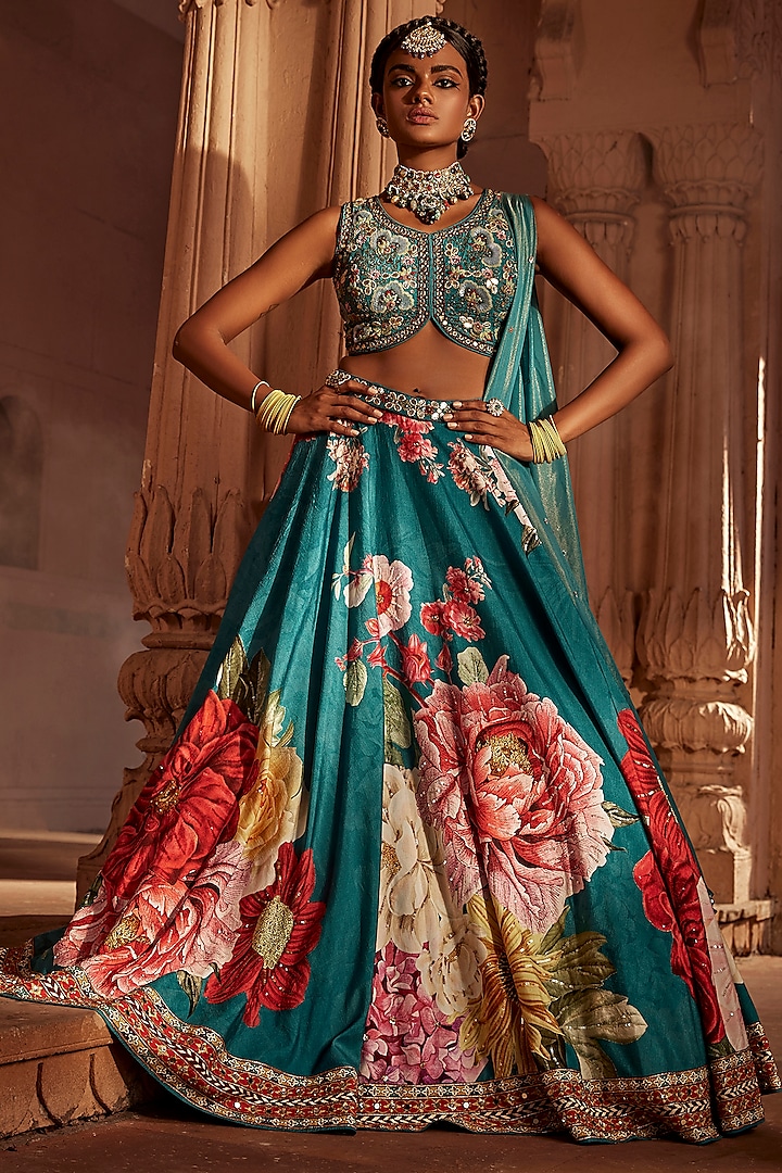Teal Blue Raw Silk Hand Embroidered Wedding Lehenga Set by Kalista at Pernia's Pop Up Shop