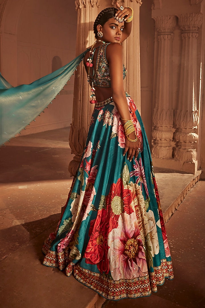 Teal Blue Raw Silk Hand Embroidered Wedding Lehenga Set by Kalista at Pernia's Pop Up Shop