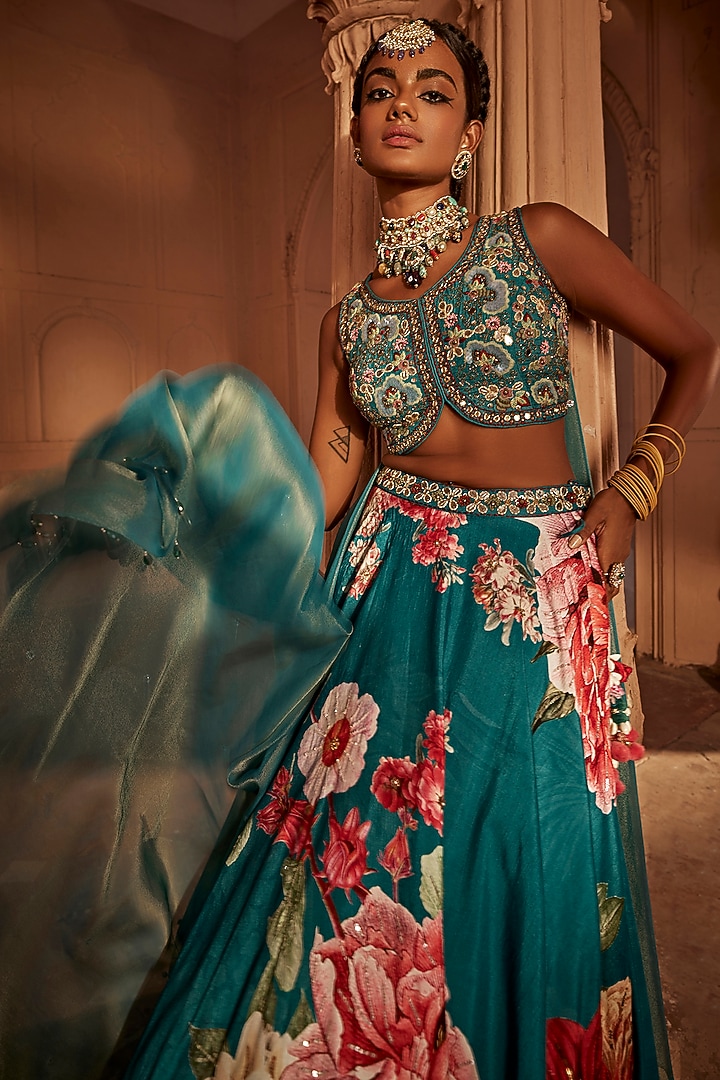 Teal Blue Raw Silk Hand Embroidered Wedding Lehenga Set by Kalista at Pernia's Pop Up Shop