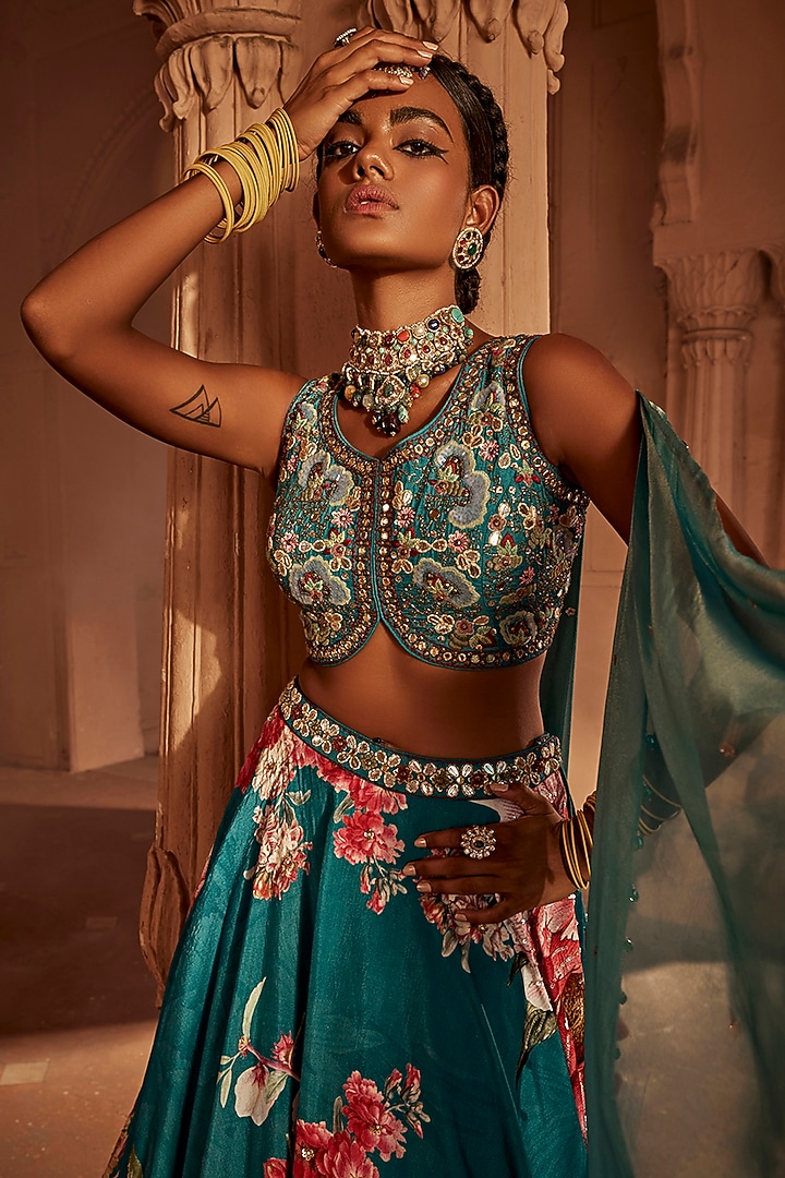 Teal Blue Raw Silk Hand Embroidered Wedding Lehenga Set by Kalista at Pernia's Pop Up Shop
