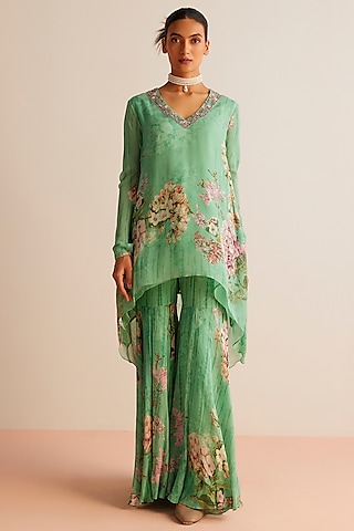 Sea Green Viscose Chinon Printed Tunic Set by Kalista