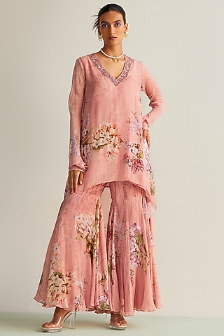 Blush Pink Viscose Chinon Printed Tunic Set by Kalista