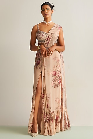 Beige Viscose Georgette Printed Pre-Draped Saree Set by Kalista